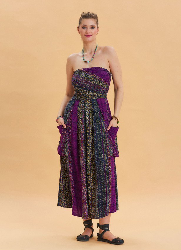 Strapless Chest Pocket Detailed Patterned Purple Flared Dress 4458